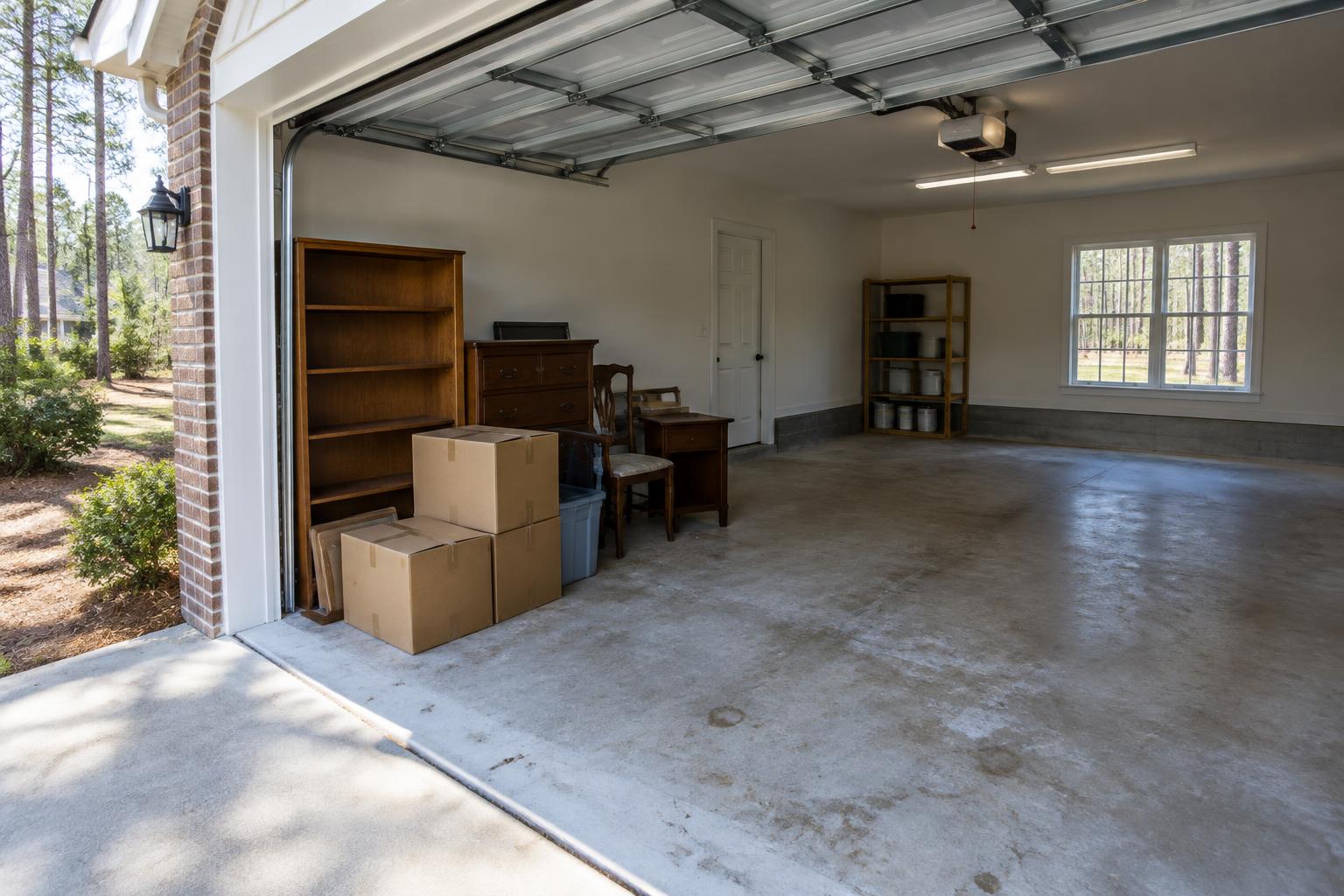 Garage with unwanted furniture and boxes grouped beside a cleared floor