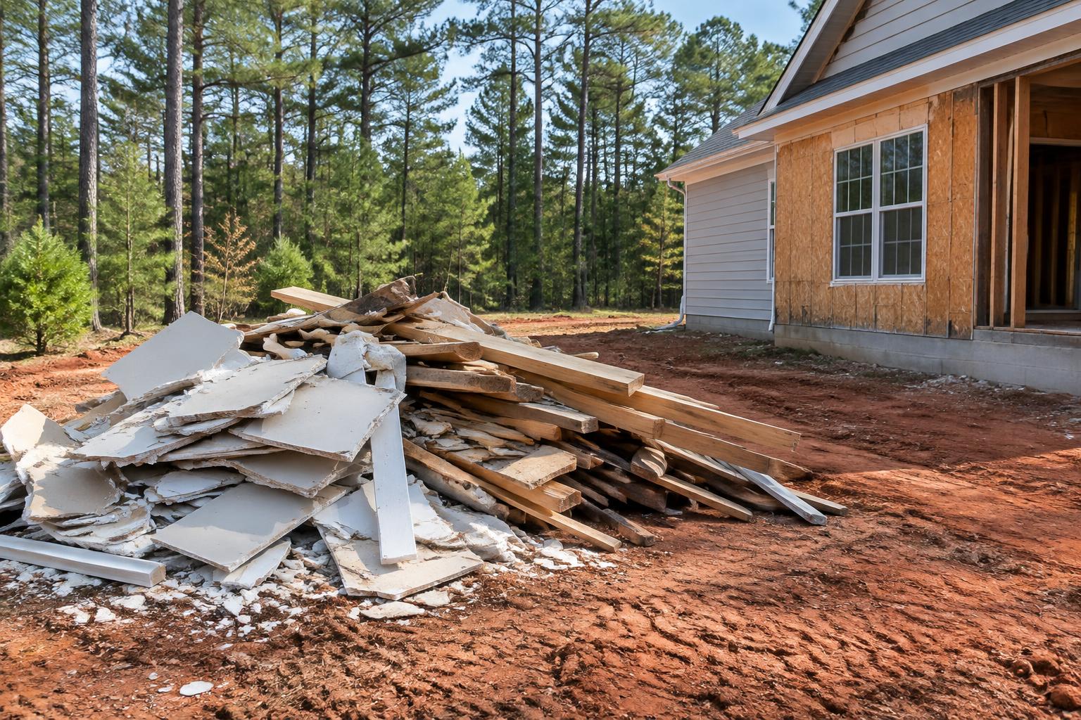 Renovation lumber and drywall debris beside a Georgia house