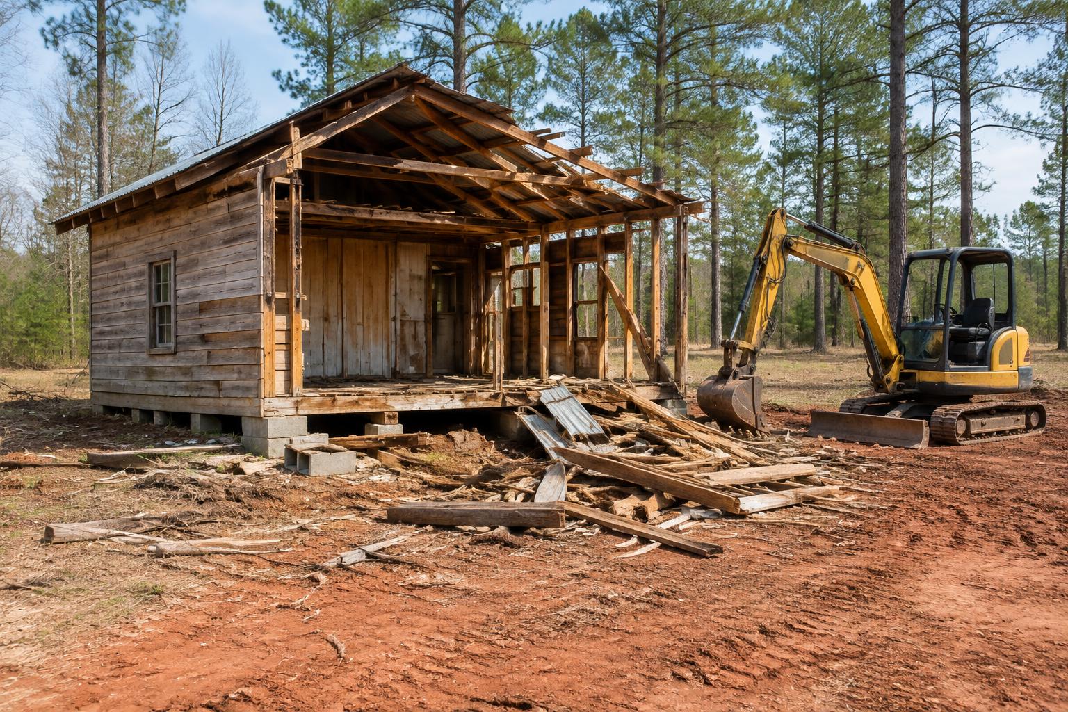Partially dismantled timber outbuilding with an excavator nearby