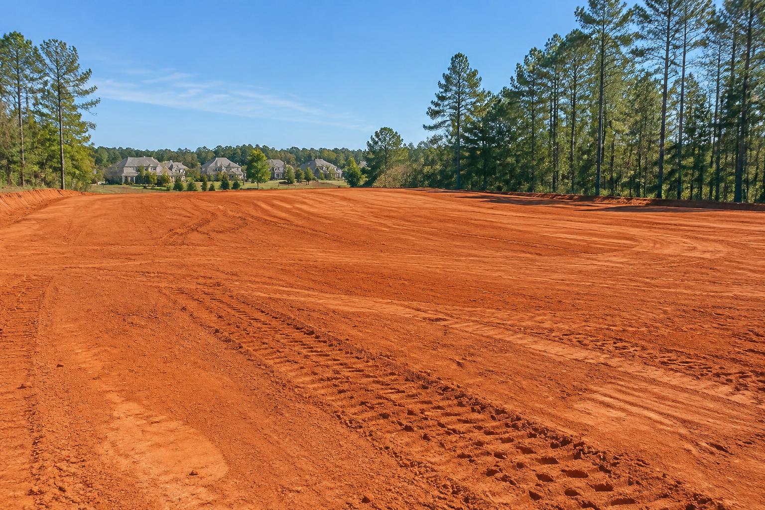 Leveled red clay lot bordered by Georgia pine trees