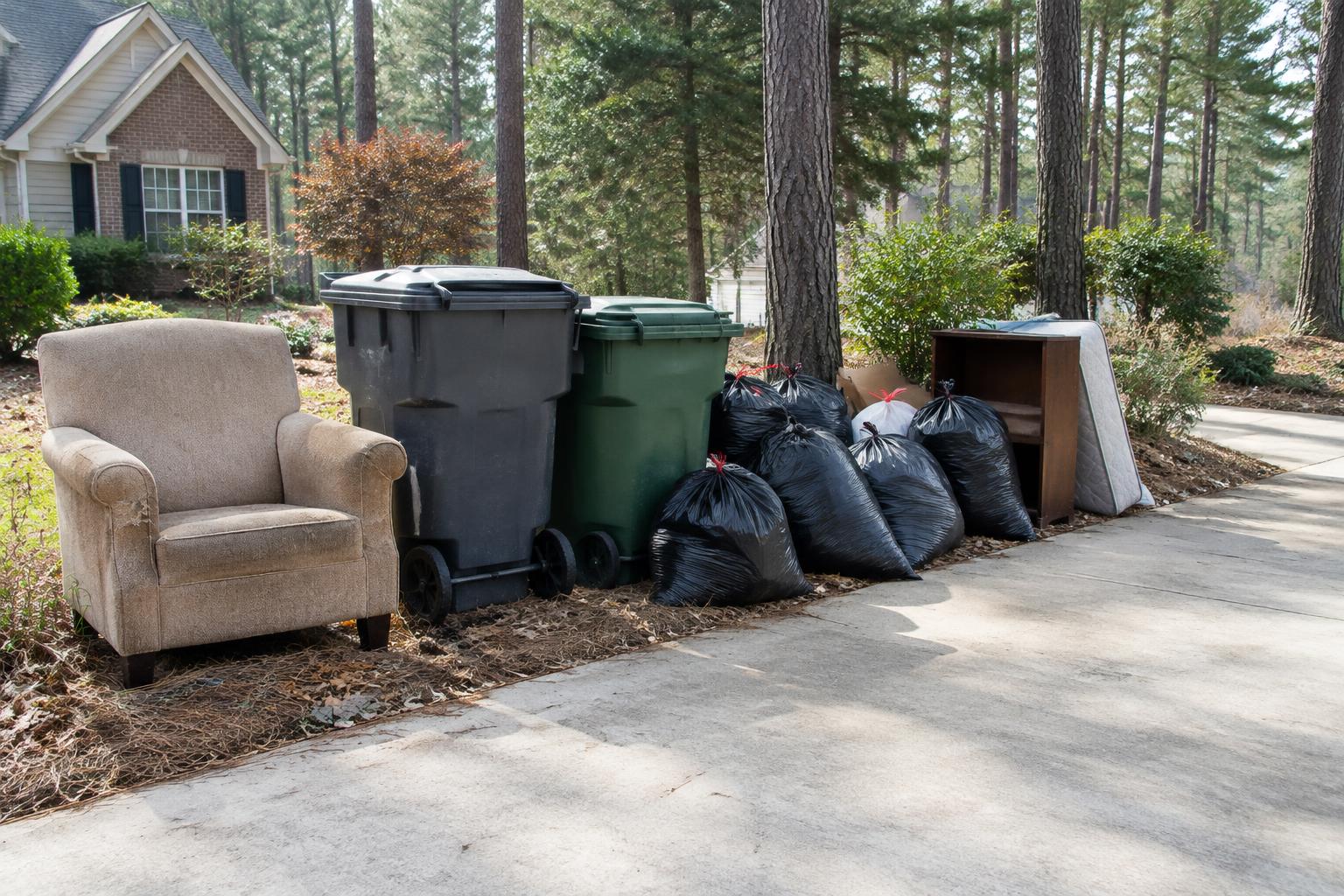 Bagged trash, bins and unwanted furniture beside a Georgia property